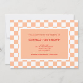 Peach Fuzz Red Checkered Gingham Pattern Wedding Inbjudningar