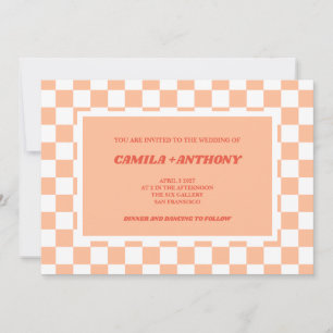 Peach Fuzz Red Checkered Gingham Pattern Wedding Inbjudningar