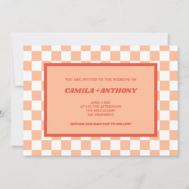 Peach Fuzz Red Checkered Gingham Pattern Wedding Inbjudningar