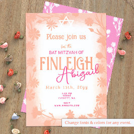 Peach Fuzz, Rosa Vild Flowers Bat mitzvah Inbjudningar