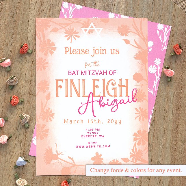 Peach Fuzz, Rosa Vild Flowers Bat mitzvah Inbjudningar (Peach, Pink Bat Mitzvah Invitation with Floral Border, Chic Wild Flower Design)