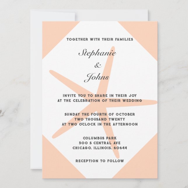 Peach Fuzz Starfish Tropical Elegant Beach Wedding Inbjudningar (Framsida)