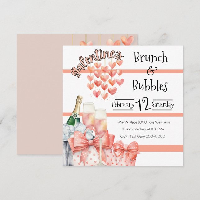 Peach Galentines Brunch och Bubbles Inbjudningar (Fram/baksida)