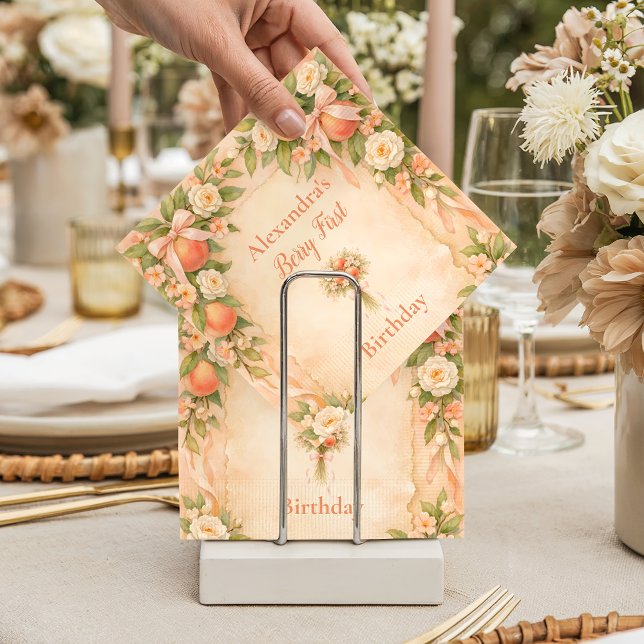 Peach Garden Floral First Birthday 1st Birthday Pappersservett (Skapare uppladdad)