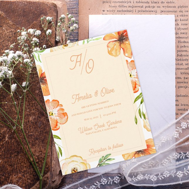Peach Garden Meadow Floral Monogram Wedding Invite Vykort (Soft Peach Garden Meadow Florals Monogram Save the Date | Watercolor Floral Wedding Save the Date)