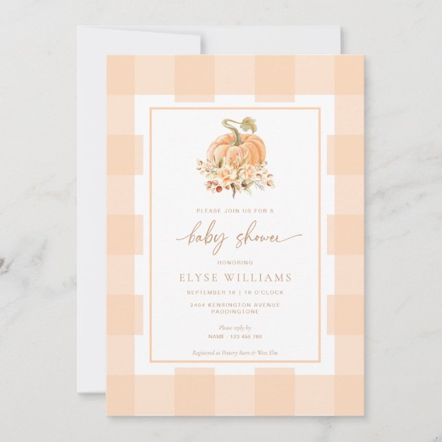 Peach Gingham A Little Pumpkin Baby Shower Inbjudningar (Framsida)
