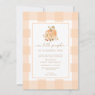 Peach Gingham A Little Pumpkin First Birthday Inbjudningar