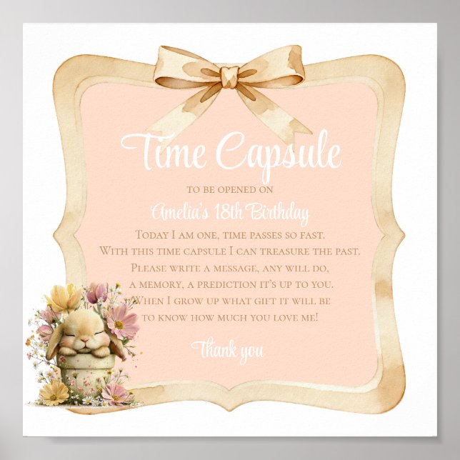 Peach Gingham Bunny 1st Birthday Sign Poster (Framsidan)