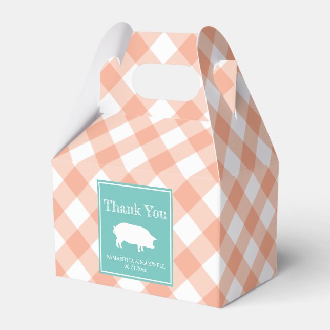 Peach Gingham Gris Roast Favor Box Presentaskar (Framsidan Sidan)