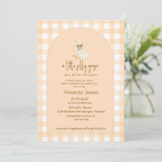 Peach Gingham Little Goose Brown Bow Baby Shower Inbjudningar