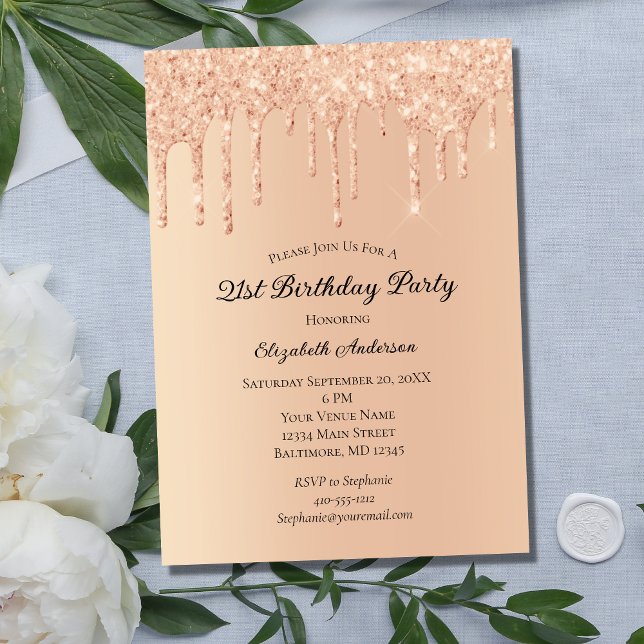 Peach Glitter Drips Trendig Glam 21:a födelsedagen Inbjudningar (Skapare uppladdad)