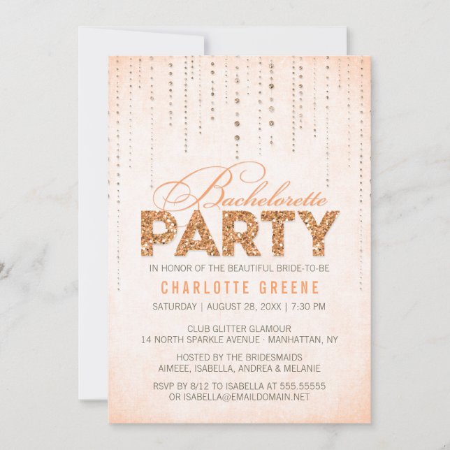 Peach Glitter Titta på Bachelorette Party-inbjudan Inbjudningar (Framsida)