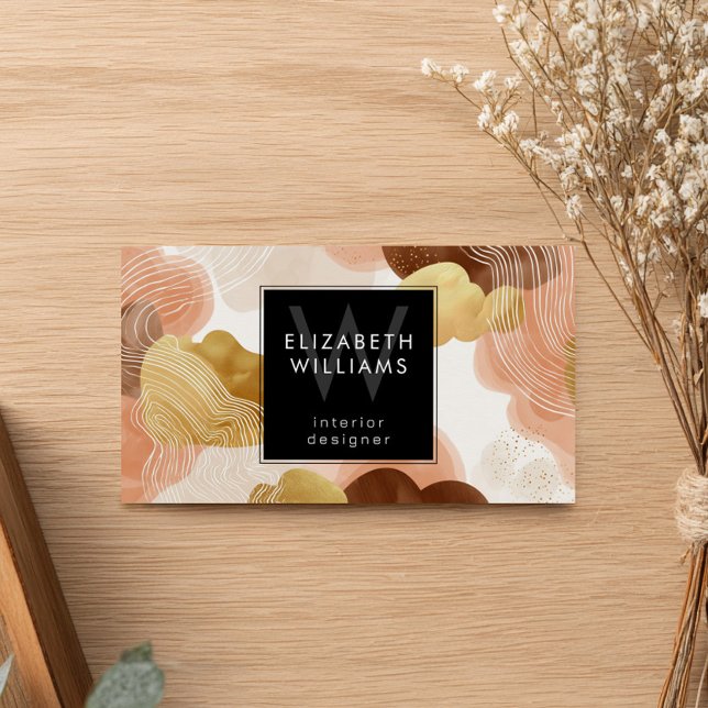 Peach Gold Modern Abstract Monogram Business Cards Visitkort (Skapare uppladdad)