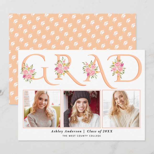 Peach GRAD-typografi rosa ros-foto studenten Meddelande (Fram/baksida)