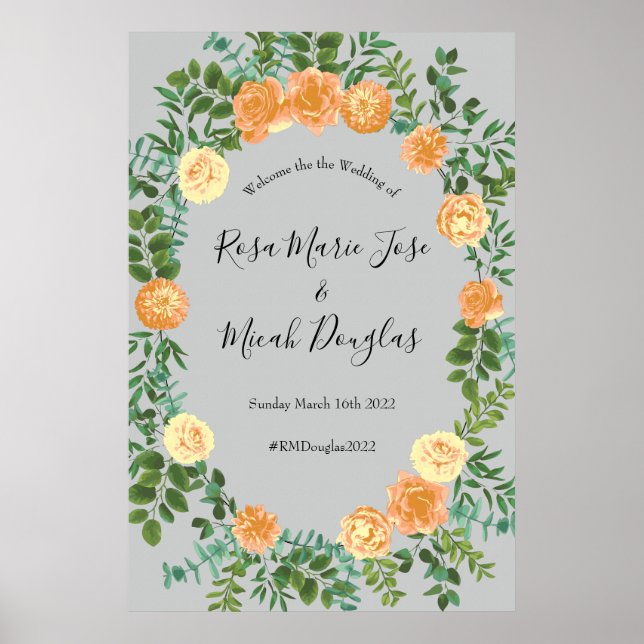 Peach Grått Bröllop Vår Blommigt Poster (Framsidan)
