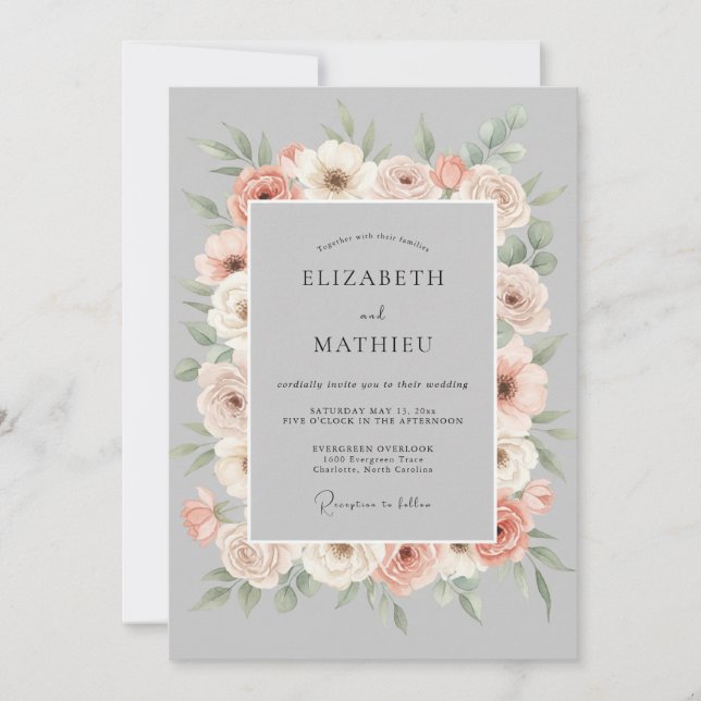 Peach Gray Floral Romance Wedding Inbjudningar (Framsida)