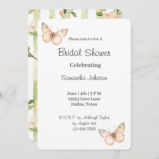 Peach Green Butterflies Floral Bridal Shower   Inbjudningar (Fram/baksida)