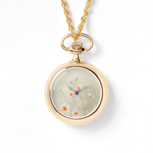 Peach & Grönt Bokeh Little Flowers Necklace Watch Armbandsur