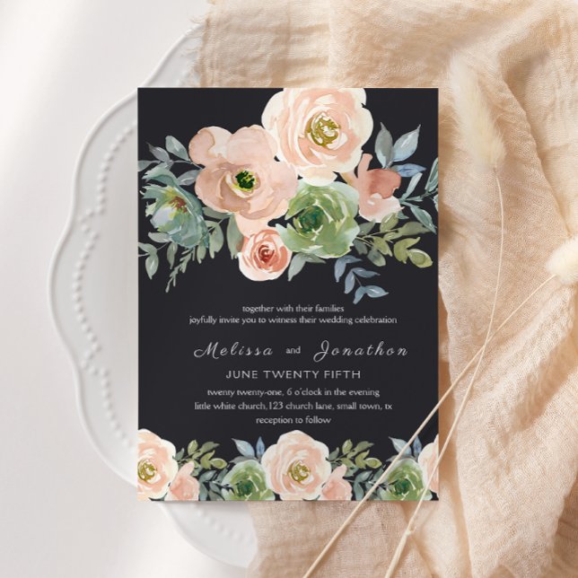 Peach Grönt Navy Pastel Blommigt Bröllop Inbjudningar (Skapare uppladdad)