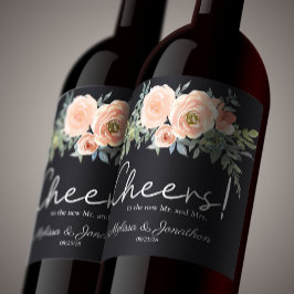 Peach Grönt Navy Pastel Blommigt Bröllop Vin etike Vinflaska Etikett