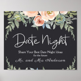 Peach Grönt Navy Pastel Blommigt Date Night Sign Poster
