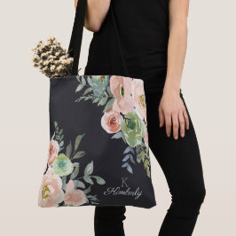 Peach Grönt Navy Pastel Initial Monogram Tote Bag Tygkasse