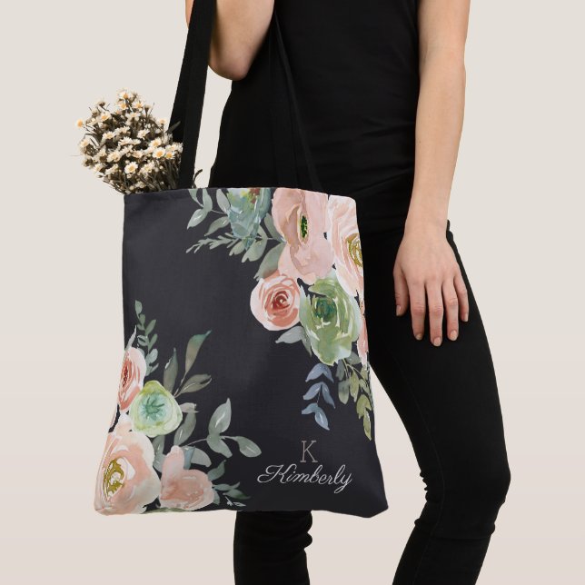 Peach Grönt Navy Pastel Initial Monogram Tote Bag Tygkasse (Närbild)