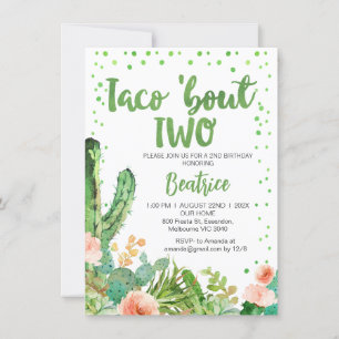 Peach Grönt Taco Bout 2:a födelsedagsinbjudan Inbjudningar