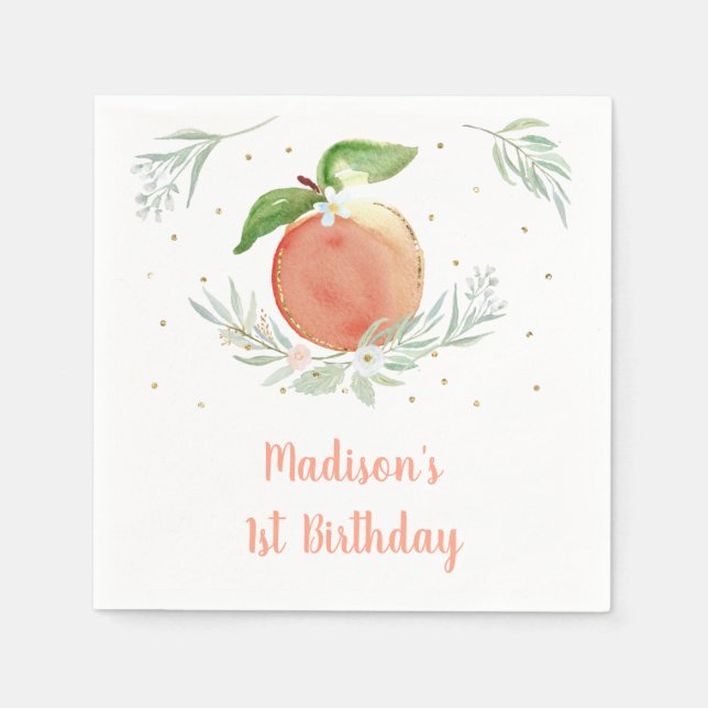 Peach Guld Blommigt Birthday Pappersservett (Framsidan)