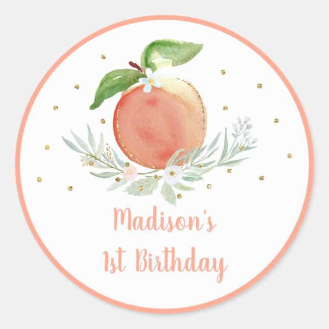 Peach Guld Blommigt Birthday Runt Klistermärke (Framsida)