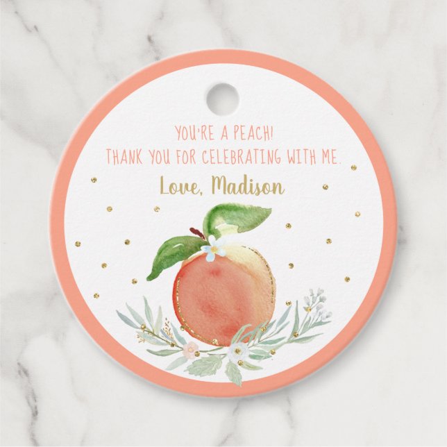Peach Guld Blommigt Birthday Tack Gåvor Etiketter (Framsida)