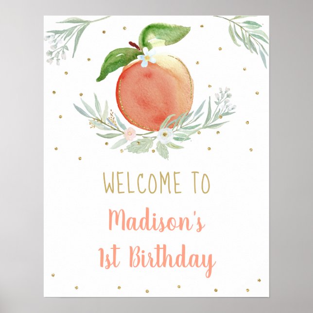 Peach Guld Blommigt Birthday Välkommen Poster (Framsidan)