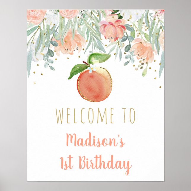 Peach Guld Blommigt Birthday Välkommen Poster (Framsidan)