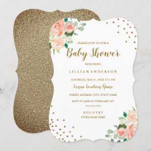 Peach Guld Blommigt Confetti Baby Shower-inbjudan Inbjudningar