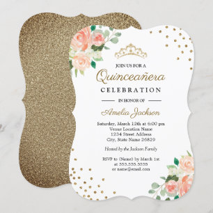Peach Guld Blommigt Confetti Quinceanera-inbjudan Inbjudningar