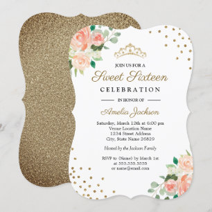 Peach Guld Blommigt Confetti Sweet sixteen Inbjuda Inbjudningar