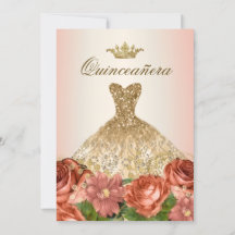 Peach Guld Blommigt Ro Quinceanera