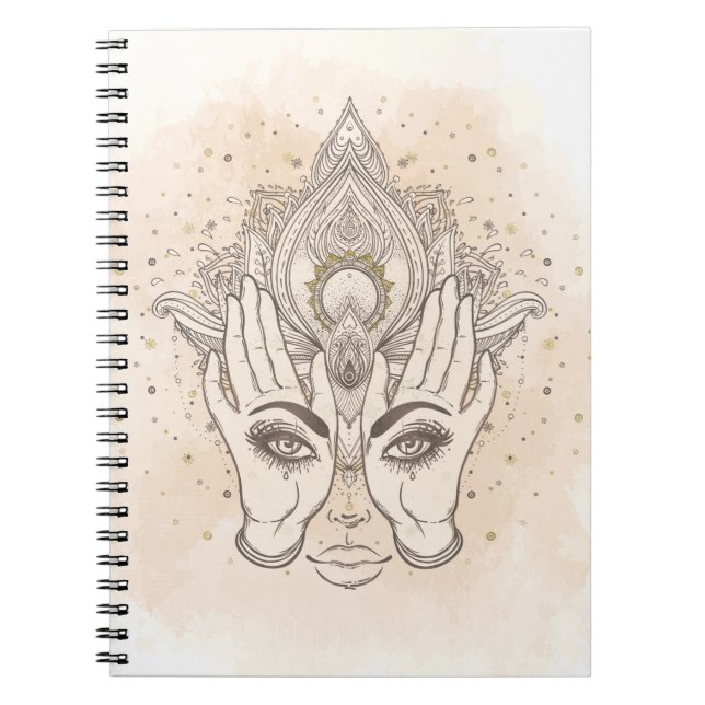 Peach & Guld Boho Lotus Flower Beauty Anteckningsbok (Framsidan)