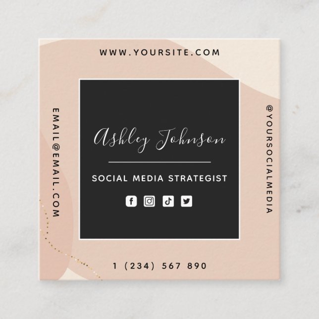 Peach Guld Boho Social Media QR-Neutralt Cream Fyrkantigt Visitkort (Framsida)