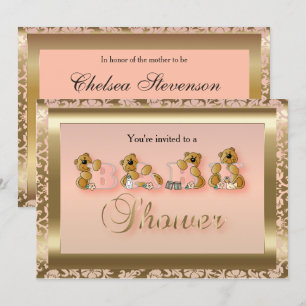 Peach & Guld Damask med Nallar Barnskor Inbjudningar