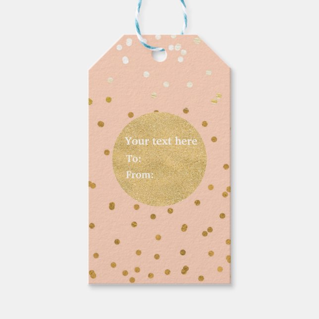 Peach & Guld Glänsande Konfettiprickar Chic Modern Presentetikett (Framsidan)