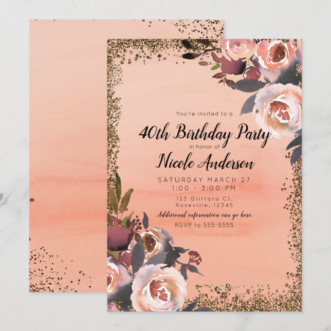 Peach & Guld Glitter Blommig Modern Födelsedagsfes Inbjudningar (Fram/baksida)