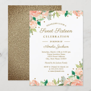 Peach Guld Glitter Blommigt Sweet sixteen Inbjudan