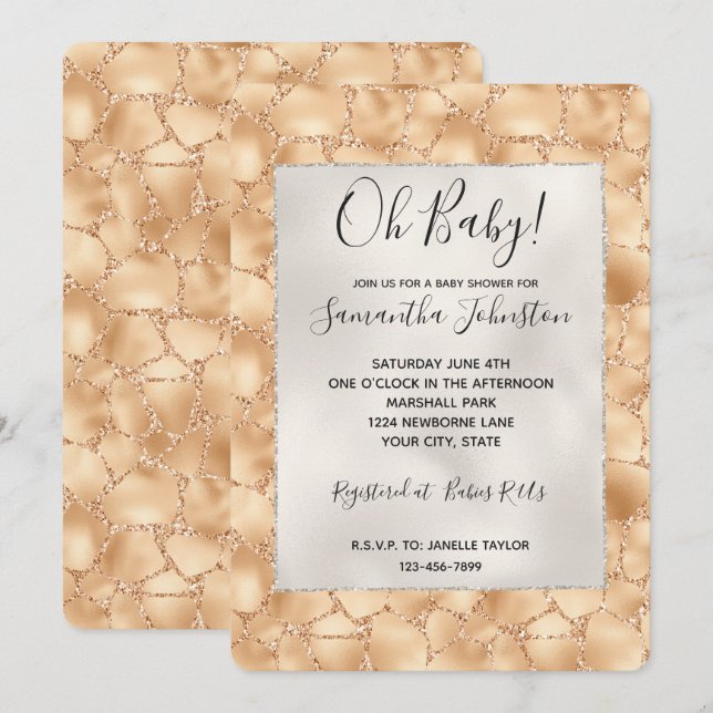Peach Guld Glitter Glam Gnistra Giraffe Print Inbjudningar (Fram/baksida)