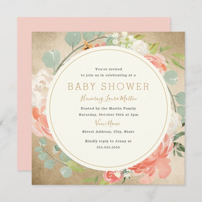 Peach Guld Gnistra Blommigt Utandning Babykläder Inbjudningar (Fram/baksida)