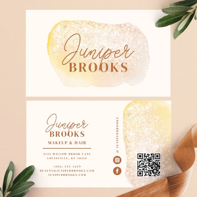 Peach Guld Social Media QR-kod Glitter Visitkort (Skapare uppladdad)