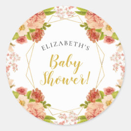 Peach Guld Vattenfärg Blommor Baby Shower Runt Klistermärke
