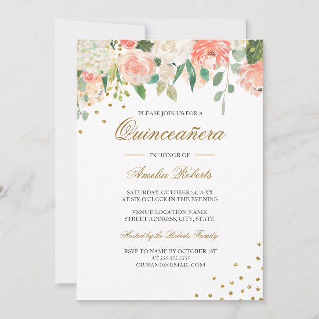 Peach Guld Watercolor Blommigt Quinceanera Inbjudningar (Framsida)