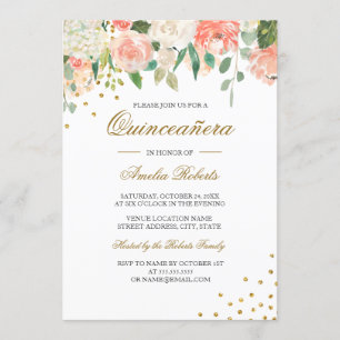 Peach Guld Watercolor Blommigt Quinceanera Inbjudningar