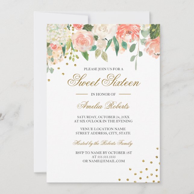 Peach Guld Watercolor Blommigt Sweet sixteen Inbjudningar (Framsida)